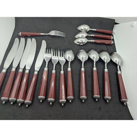 Laslo for Mikasa Silverware Plastic handle Burgundy faceted 17 Pieces HTF READ - Picture 2 of 16